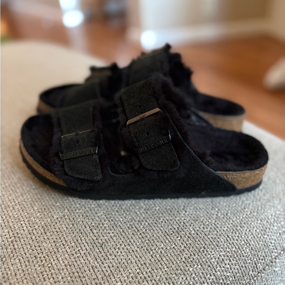 Birkenstock black furry sandals